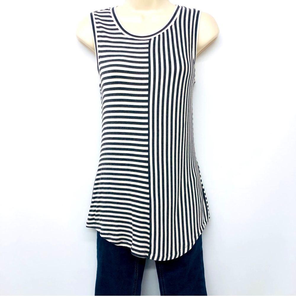 CAbi Gray White Stripe Sleeveless Top